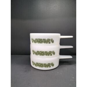 Milk Glass Green Herb Pattern Bowl‎ Trio, Ovenware Dish, Kitchen Serving Bowls